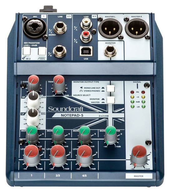 SOUNDCRAFT NOTEPAD-5 MIXER 5 CANALI USB PHANTOM POWER +48V PREAMPLIFICATORE MICROFONICO - TechSoundSystem.com