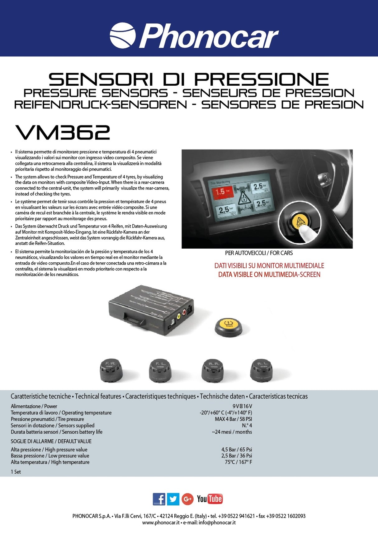 Phonocar VM362 Kit 4 sensori per monitoraggio pressione gomme Wireless su monitor - TechSoundSystem.com