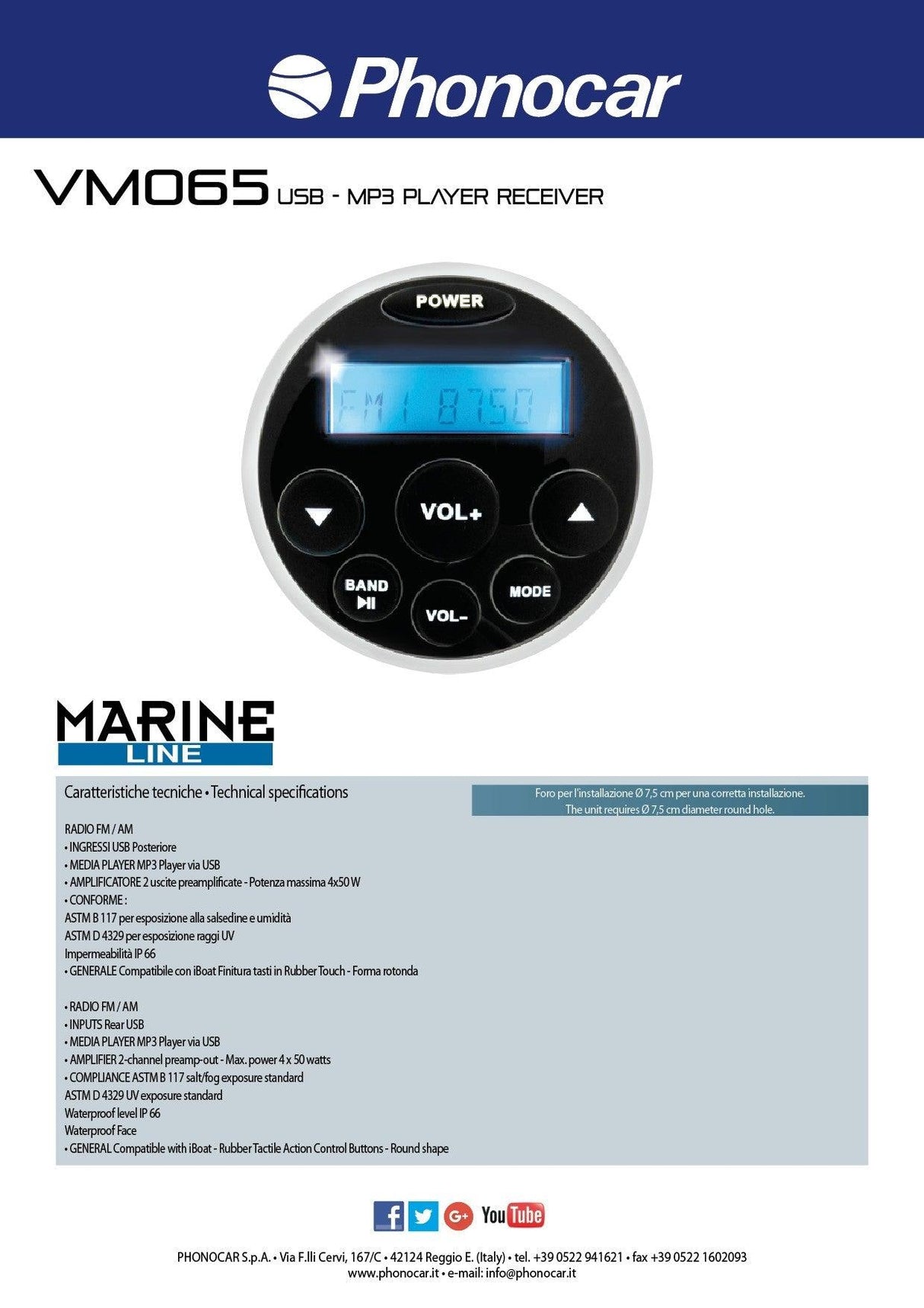 Phonocar VM065 Sintonizzatore marino FM e AM + USB - TechSoundSystem.com