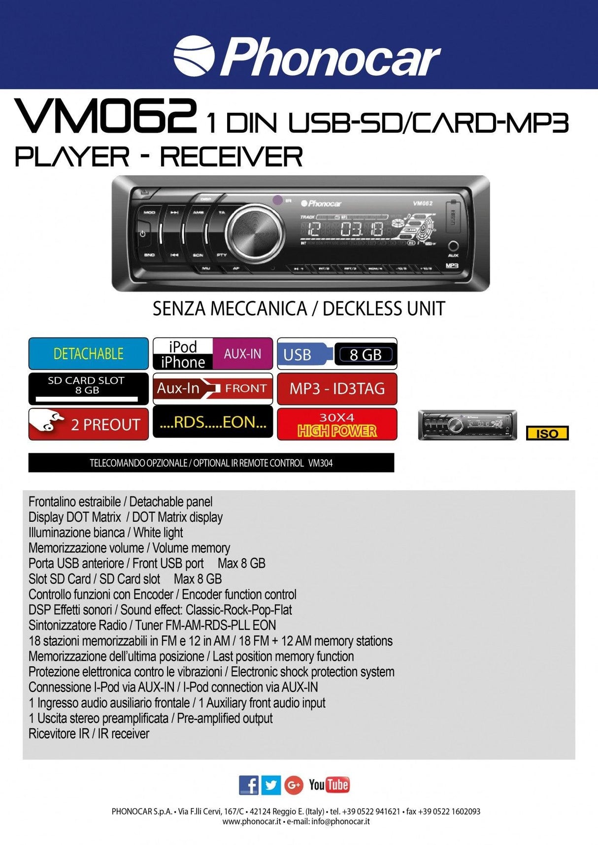 Phonocar VM062 Autoradio 1 Din USB-SD-MP3 + AUX-IN - TechSoundSystem.com