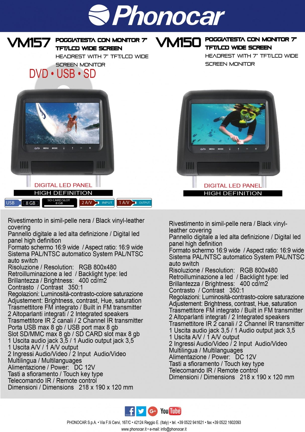 Phonocar VM150 Poggiatesta monitor LCD 7" PAL/NTSC 4:3, Risoluzione 800 x 480 - TechSoundSystem.com