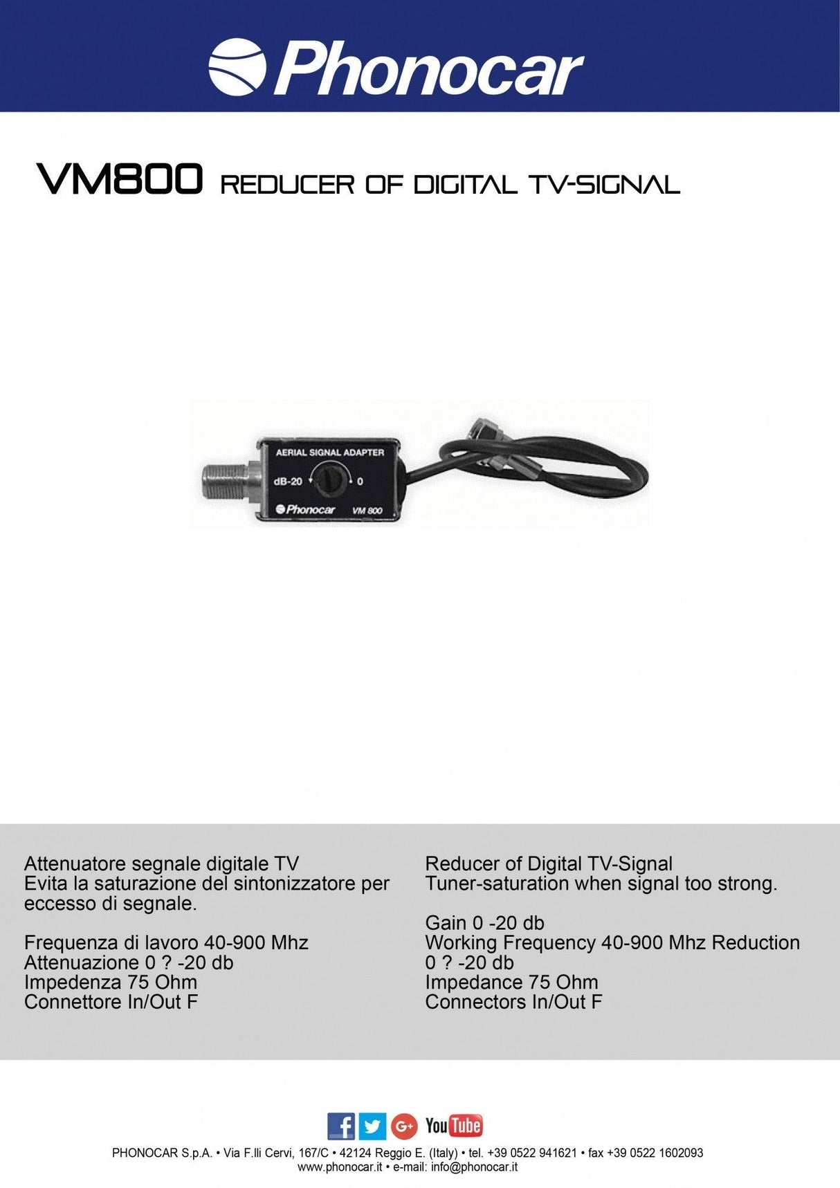 Phonocar VM800 Attenuatore segnale digitale TV - TechSoundSystem.com