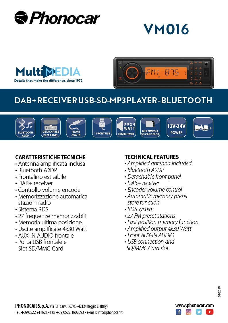 Phonocar VM016 autoradio 1 DIN 24V con DAB+ Bluetooth, USB - TechSoundSystem.com