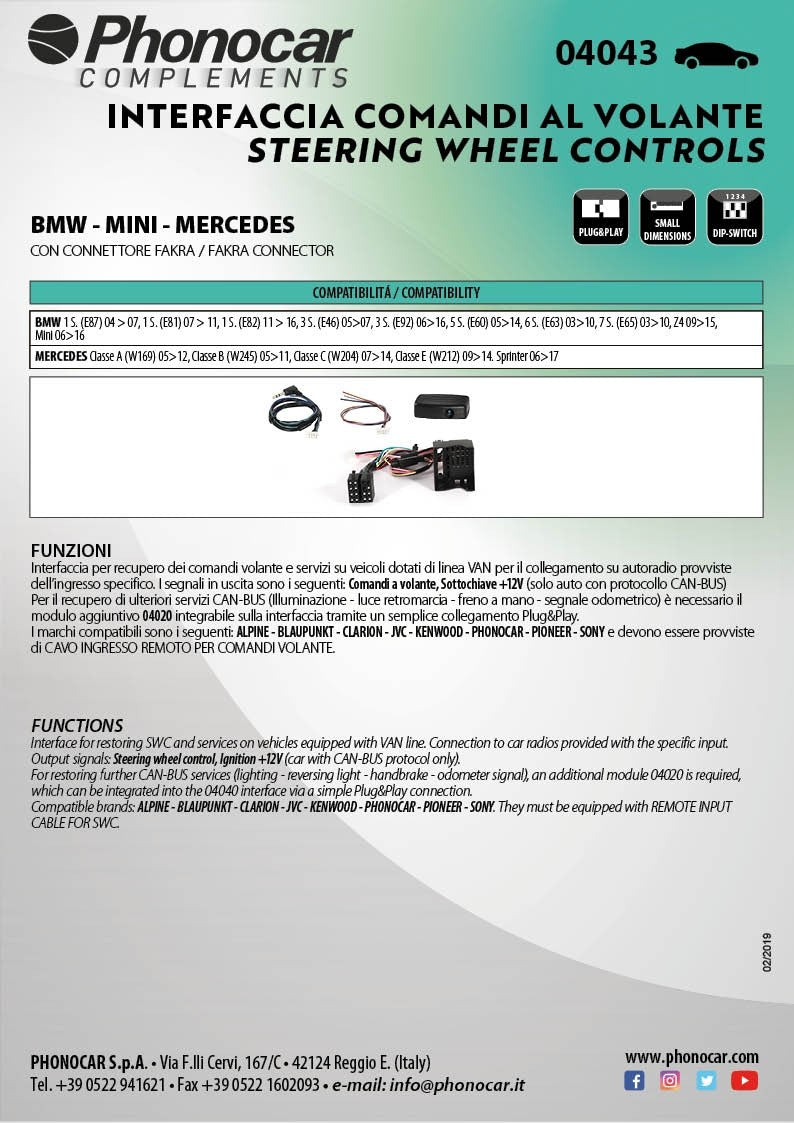 Phonocar 04043 Interfaccia Comandi Al Volante CANBUS per BMW-MERCEDES-MINI - TechSoundSystem.com