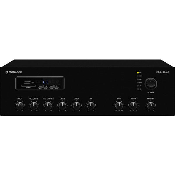 Monacor PA-812DMP Amplimixer 100V da 120W Lettore MP3 con Bluetooth,USB, SD, radio FM, display a LED - TechSoundSystem.com