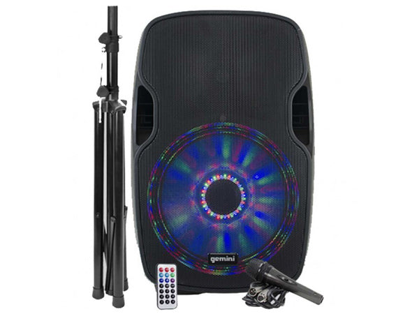 GEMINI AS 12 BLU LIGHT PACK CASSA ATTIVA 1500 WATT 12" PLAYER MP3 USB SD BLUETOOTH + STATIVO ST04 + MICROFONO - TechSoundSystem.com