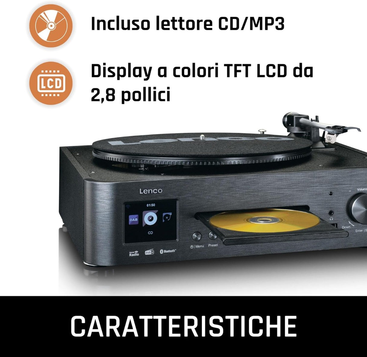 Lenco MC-460 Sistema all-in-one Giradischi con trazione a cinghia, Lettore CD, MP3 Smart internet radio, DAB+,FM Bluetooth 5.0 - TechSoundSystem.com