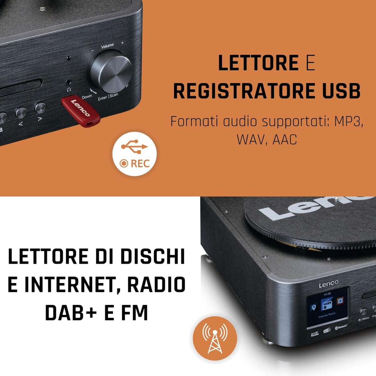 Lenco MC-460 Sistema all-in-one Giradischi con trazione a cinghia, Lettore CD, MP3 Smart internet radio, DAB+,FM Bluetooth 5.0 - TechSoundSystem.com