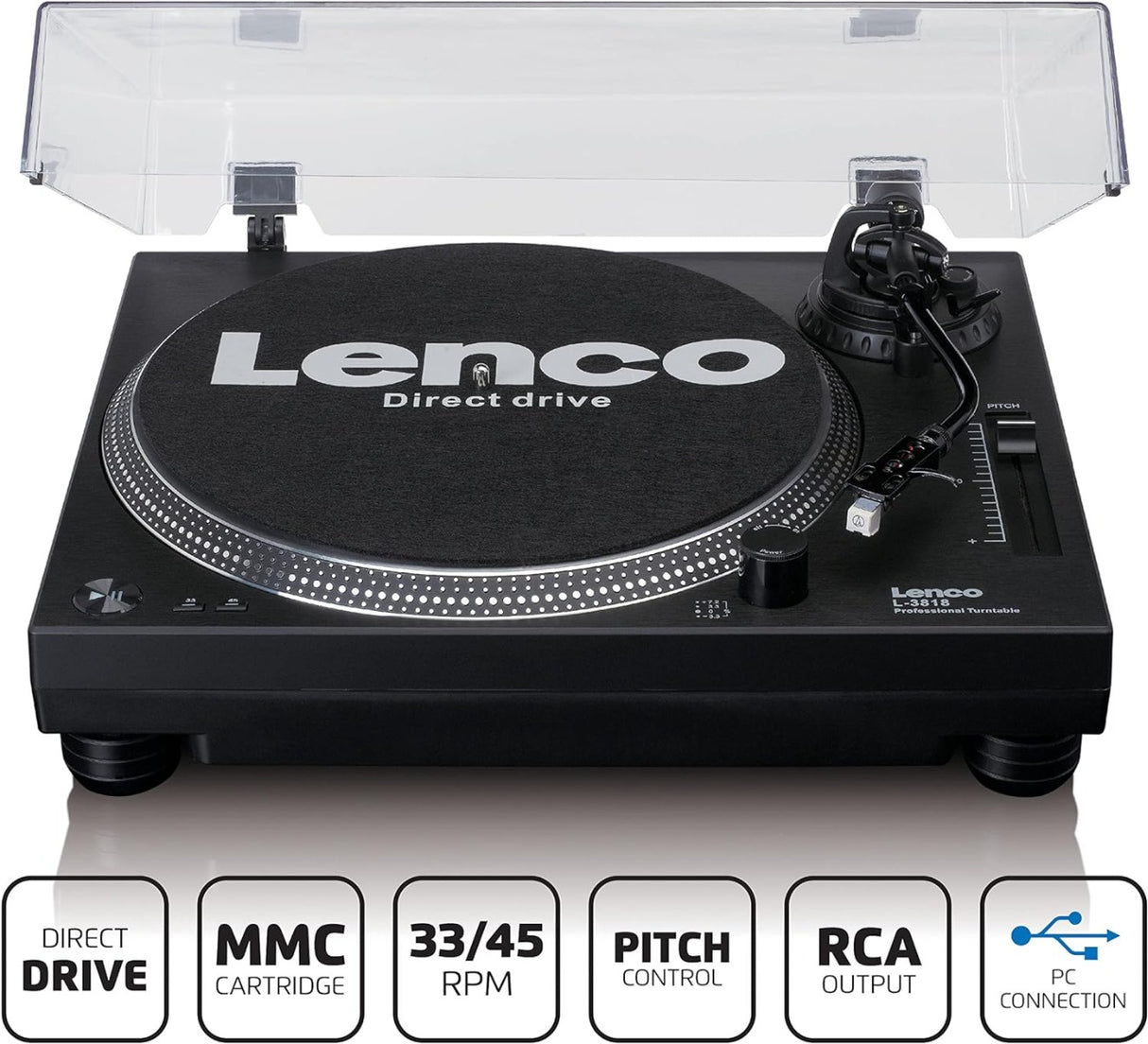 Lenco L-3818BK Giradischi a trazione diretta con uscita USB, Registrazione del disco in vinile tramite PC - TechSoundSystem.com