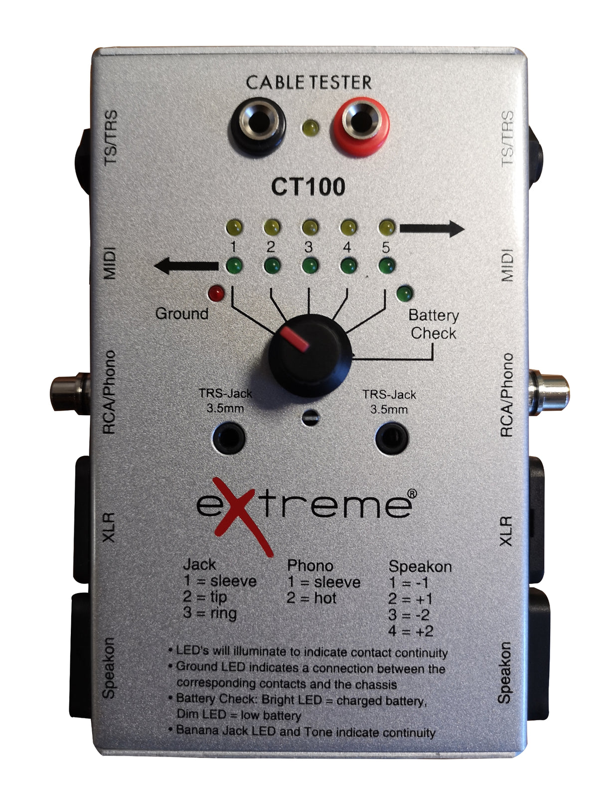 EXTREME CT100 TESTACAVI CABLE TESTER TESTA CAVI XLR JACK RCA SPEAKON MIDI TESTA CAVI AUDIO