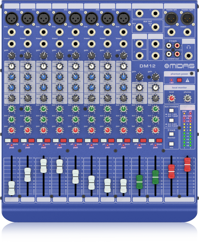 MIDAS DM12 MIXER LIVE E DA STUDIO 12 CANALI 8 MICROFONICI + 2 STEREO 2 AUX SEND EQ 3 BANDE MEDIO SEMI PARAMETRICO + PHANTOM POWER - TechSoundSystem.com