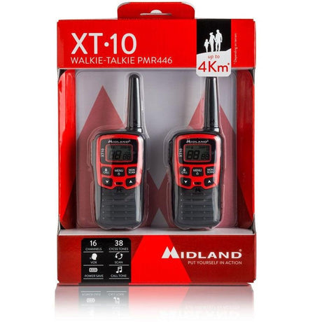 MIDLAND XT10 COPPIA WALKIE TALKIE PORTATA 4 KM 16 CANALI 38 TONI VOX CALL SCAN - TechSoundSystem.com