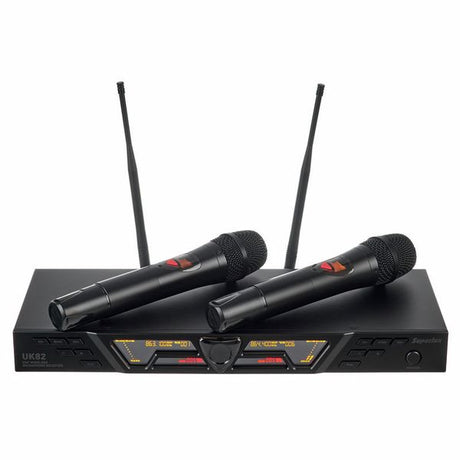 SUPERLUX UK82 DOPPIO RADIOMICROFONO PALMARE WIRELESS UHF CON UNICO RICEVITORE 1 UNITA' RACK