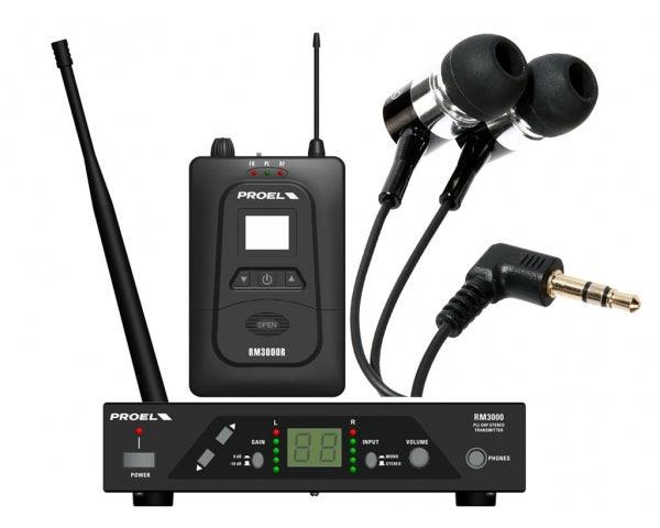 PROEL RM3000TR IN-EAR MONITOR RADIO SISTEMA PLL UHF 16 CANALI WIRELESS MONITOR SYSTEM + RICEVITORE RM3000-R + AURICOLARI EB10 - TechSoundSystem.com