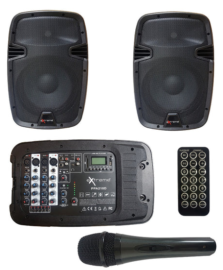 EXTREME PPA210D COMBO CASSE+MIXER+REVERBERO+PLAYER BLUETOOTH USB SD+MICROFONO+3 CAVI / BUNDLE SISTEMA PA PORTATILE COMPATTO 200W 4 IN XLR 2 STEREO JACK - TechSoundSystem.com