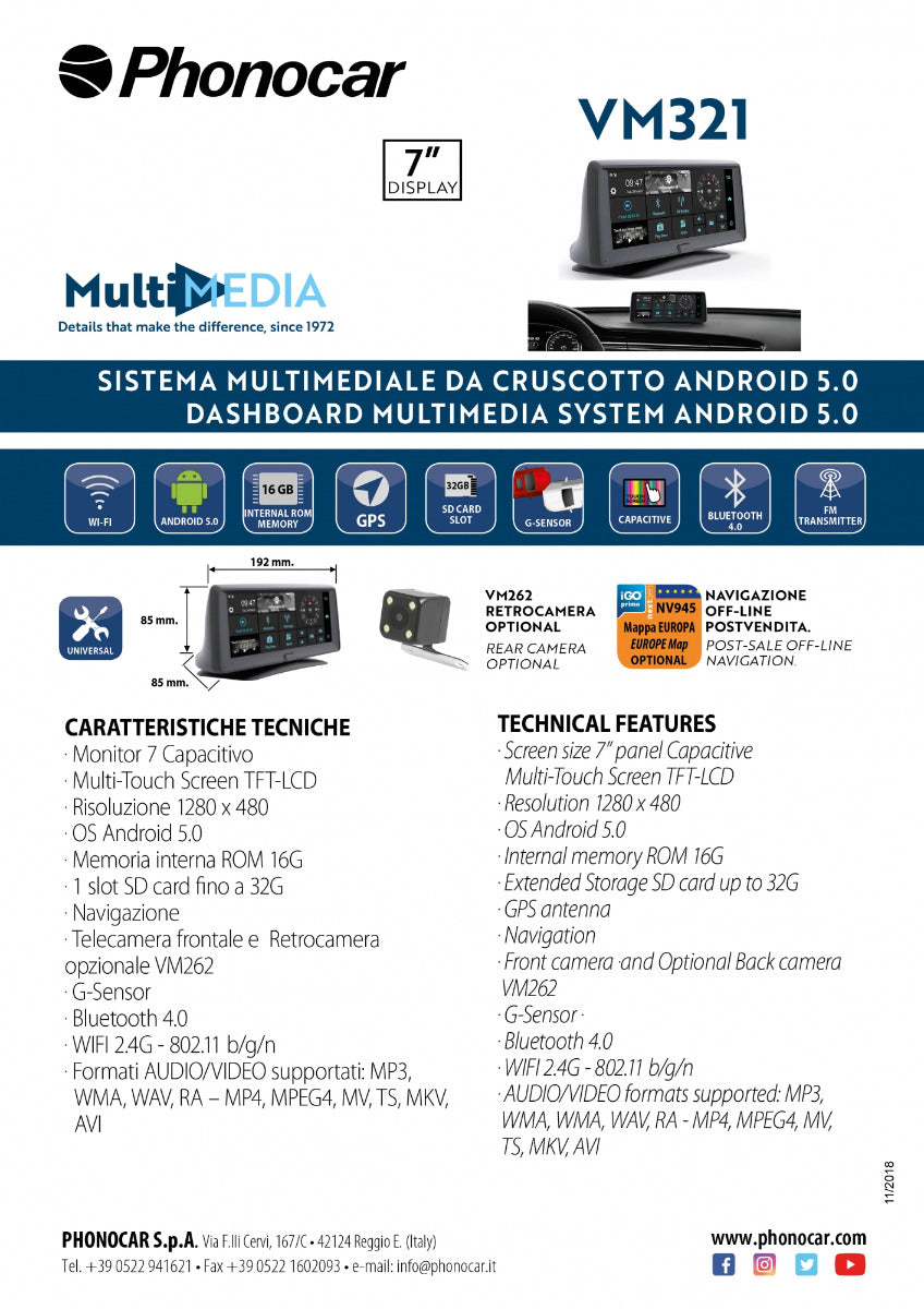 Phonocar VM321E Sistema multimediale da cruscotto Android 5.0, GPS, Bluetooth mappa Europa inclusa - TechSoundSystem.com