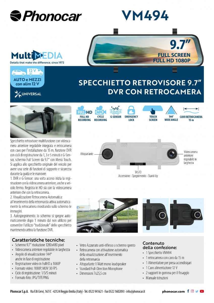 Phonocar VM494 specchietto retrovcisore 9.7" DVR con Retrocamera compresa - TechSoundSystem.com