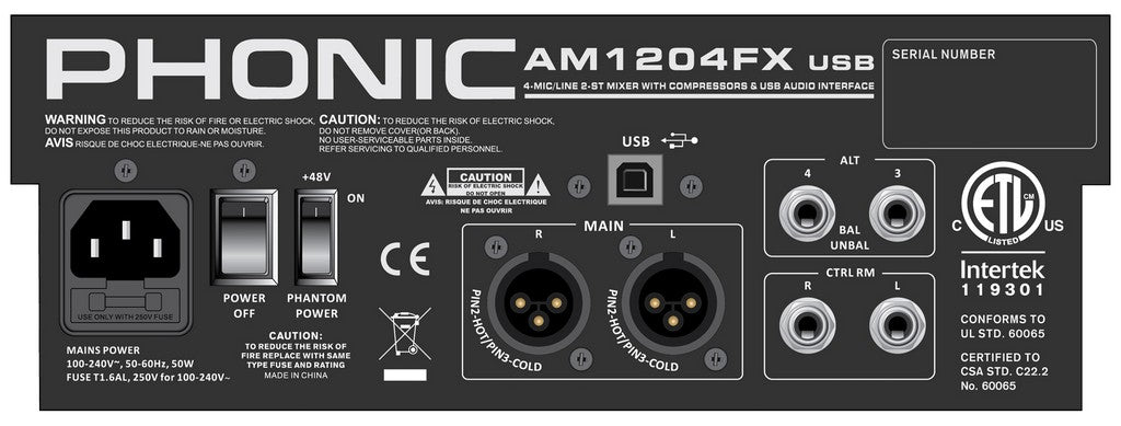 PHONIC AM1204FX MIXER 8 CANALI CON EFFETTI DIGITALI PHANTOM 48 V SLIDER STEREO 60MM - TechSoundSystem.com