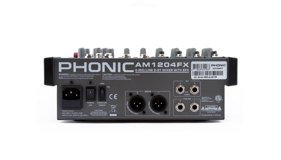 PHONIC AM1204FX MIXER 8 CANALI CON EFFETTI DIGITALI PHANTOM 48 V SLIDER STEREO 60MM - TechSoundSystem.com