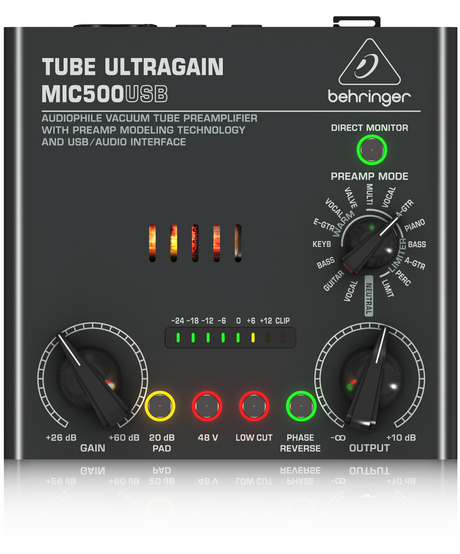 BEHRINGER MIC500-USB TUBE ULTRAGAIN PREAMPLIFICATORE MICROFONICO VALVOLARE LIMITER 16 PRESET INTERFACCIA AUDIO USB - TechSoundSystem.com