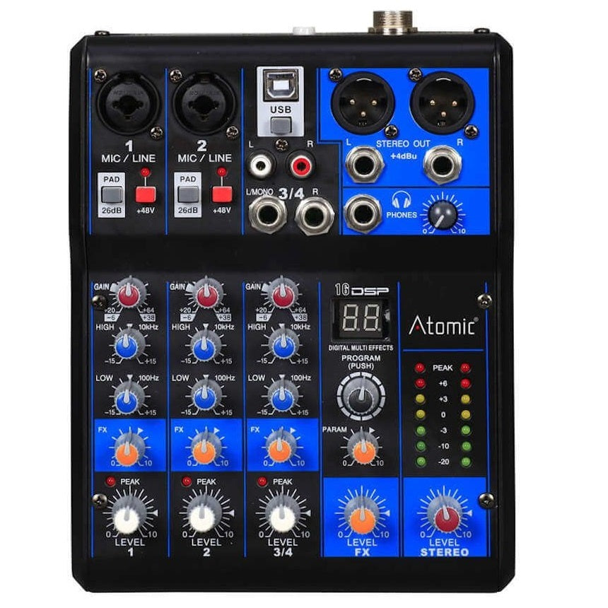 ATOMIC4DJ MIX-S 201 MIXER 2 CANALI MONO 1 STEREO 99 EFFETTI 16BIT USB PHANTOM 48V