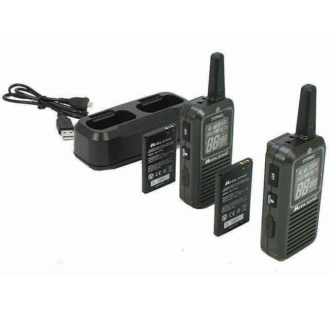 MIDLAND 777 PRO C1365 COPPIA WALKIE TALKIE BUNDLE BATTERIE CARICABATTERIE ALIMENTATORE CAVO USB - TechSoundSystem.com