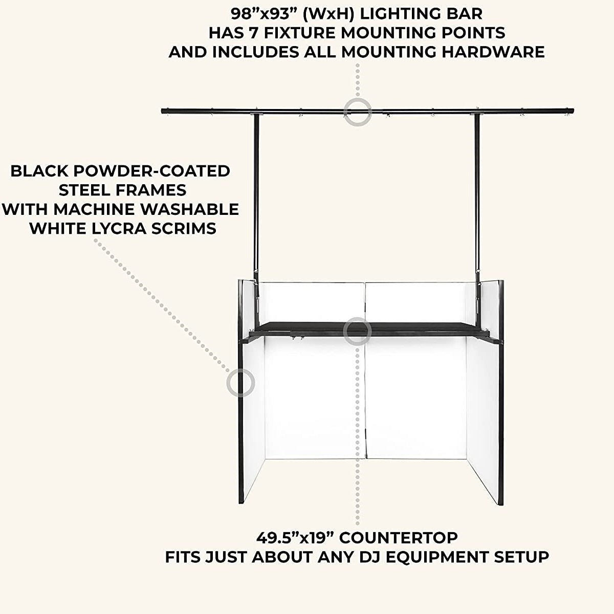 EXTREME TDJ01 DJ STATION DESK TAVOLO PER DJ CONSOLLE REGIA 125x48CM E BARRA 248CM CON TESSUTO LYCRA