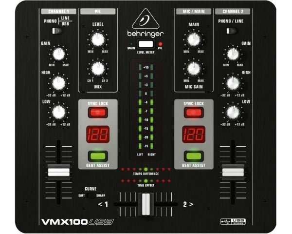 BEHRINGER VMX100USB PRO MIXER DJ 2 CANALI CON CONTABATTUTE + INGRESSO MICROFONO + INTERFACCIA AUDIO USB + SOFTWARE GRATUITO - TechSoundSystem.com